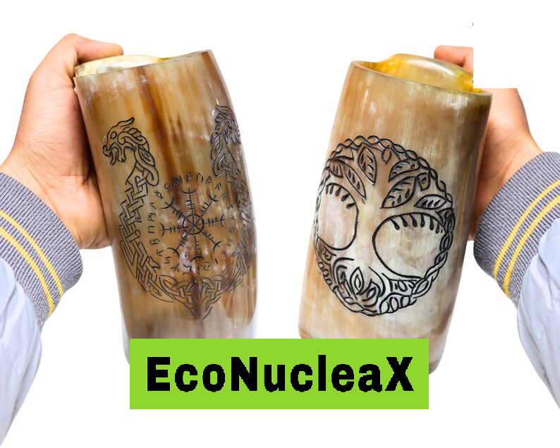 Viking Nordic Tankard Drinking Mug - Medieval Beer Stein  Genuine Ox Horn  Tree Of Life