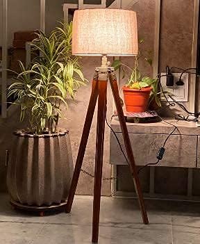 Tripod Floor Lamp with Wooden Stand, Fabric Shade, Living Room Standing Light