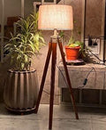 Tripod Floor Lamp with Wooden Stand, Fabric Shade, Living Room Standing Light
