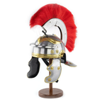 Roman Centurion Helmet Replica with Red Plume, 14 Inch Metal Showpiece, 18 Gauge Steel and Brass with Leather Interior, Wooden Display Stand