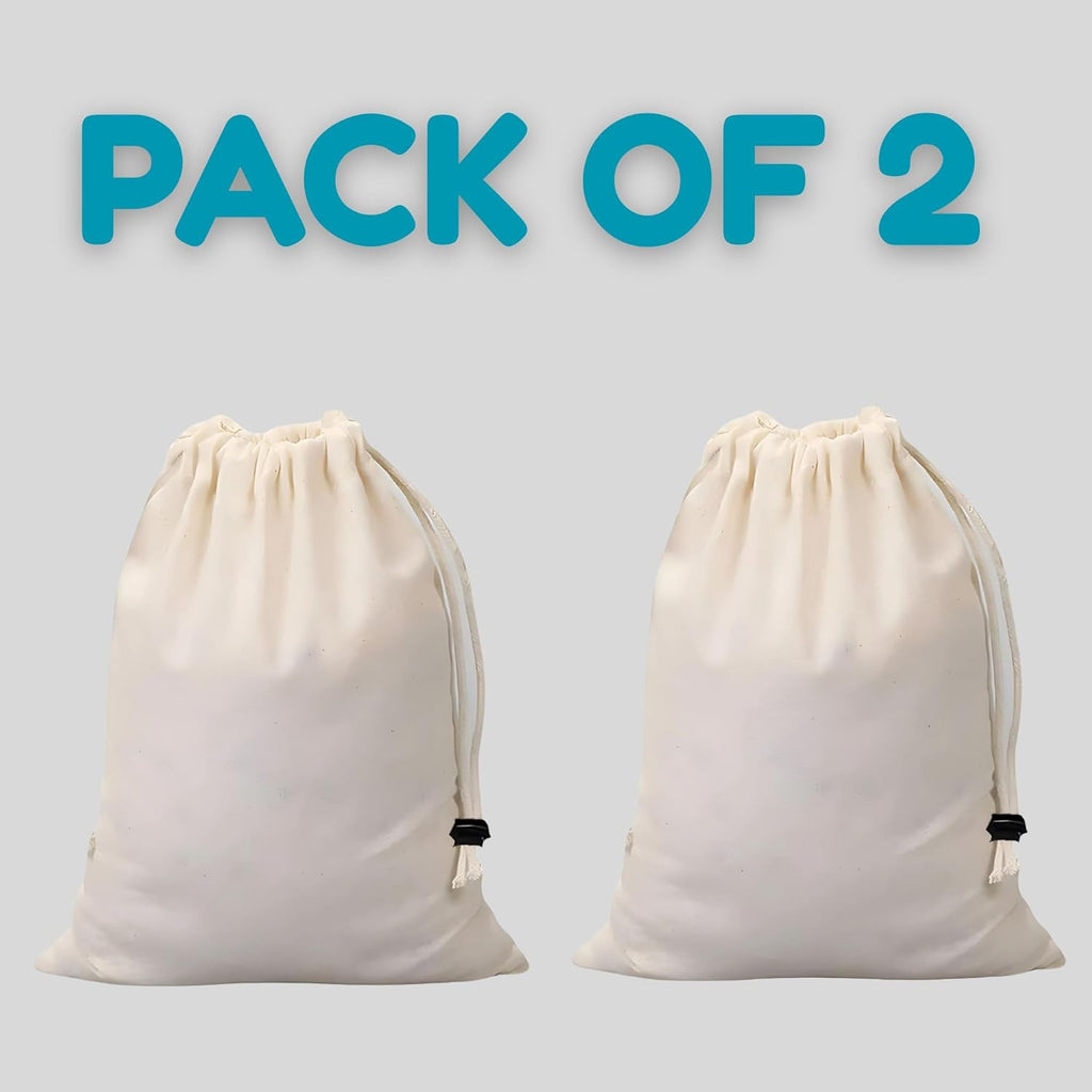 Versatile Muslin Cotton Single Drawstring Bags With Lock Button (10x11.5 in) – Reusable Storage for Nuts, Jewelry, Milk Straining, Creating Sachets & Keeping Vegetables Fresh | Pack of 2