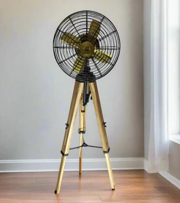 Antique Tripod Black & Gold Electric Fan | Vintage-Inspired Design for Home or Office Decor | Sturdy Metal Frame | Adjustable Height