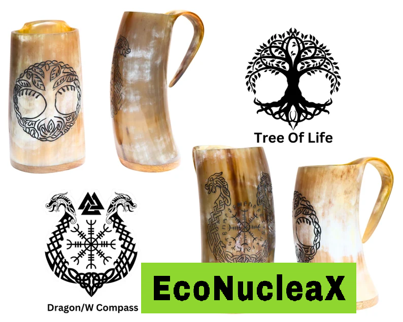 Viking Nordic Tankard Drinking Mug - Medieval Beer Stein  Genuine Ox Horn  Tree Of Life