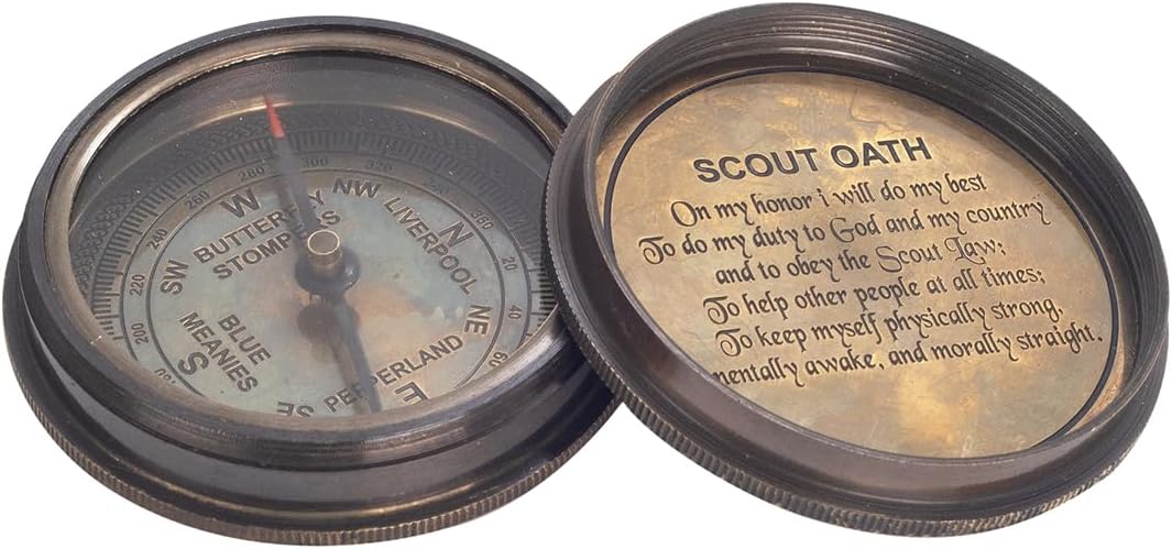 Vintage Boy Scouts Compass with 50 Year Calendar & Scouts Oath, 2 inch(5.08 cm), Brass and Glass