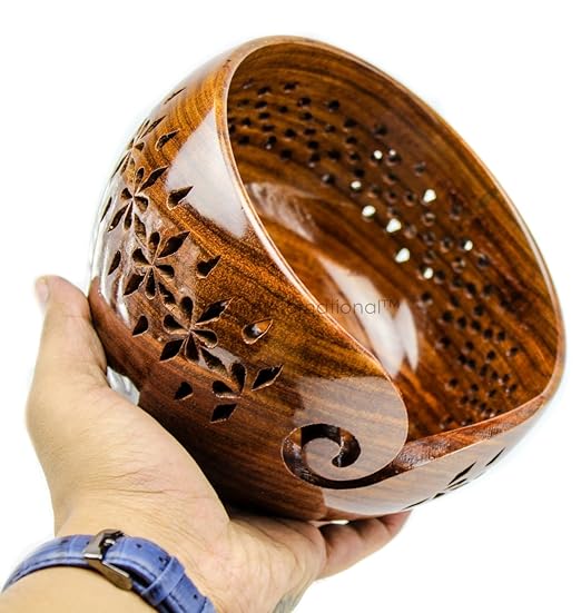 Rosewood Wooden Yarn Storage Bowl with Carved Floral Design, Knitting and Crochet Organiser, 6 Inches, Natural Wood Grain Finish