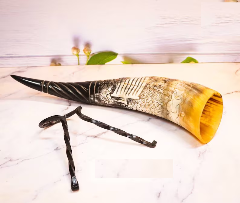 Engraved Viking Drinking Horn with Iron Stand - DRAKKER Ship Cup