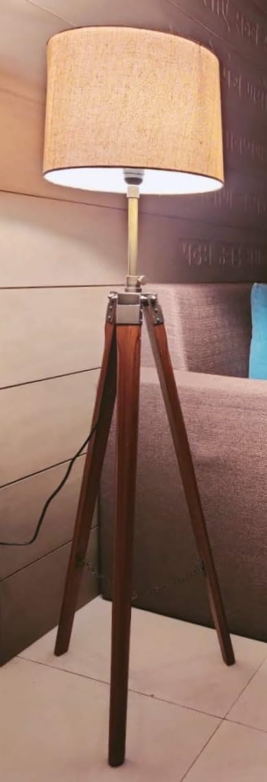 Tripod Floor Lamp with Wooden Stand, Fabric Shade, Living Room Standing Light