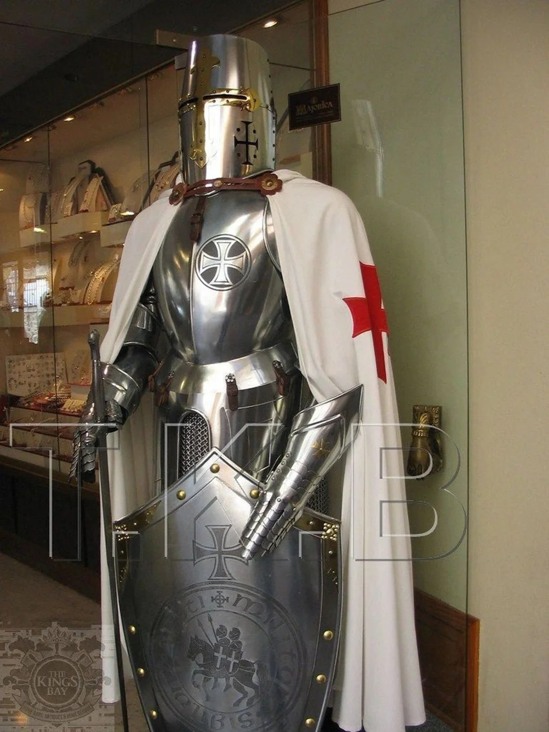 Medieval Templar Knight Armor Display, Full Size Steel Suit with Crusader Cross Shield