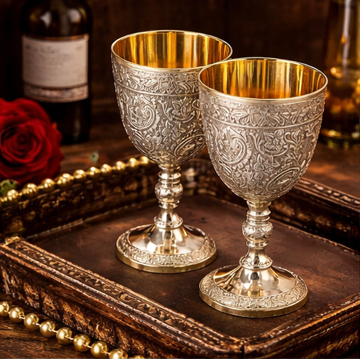 Decorative Brass Wine Glass, 16.3 x 8.1 cm, Floral Engraved Pattern, Gold