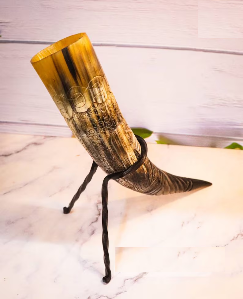 Engraved Viking Drinking Horn with Iron Stand - DRAKKER Ship Cup