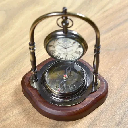 EcoNucleaX Antique Brass Desk Watch and Compass