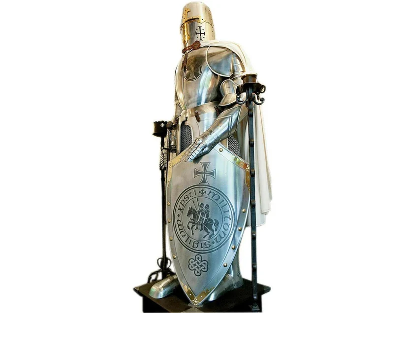 Medieval Templar Knight Armor Display, Full Size Steel Suit with Crusader Cross Shield