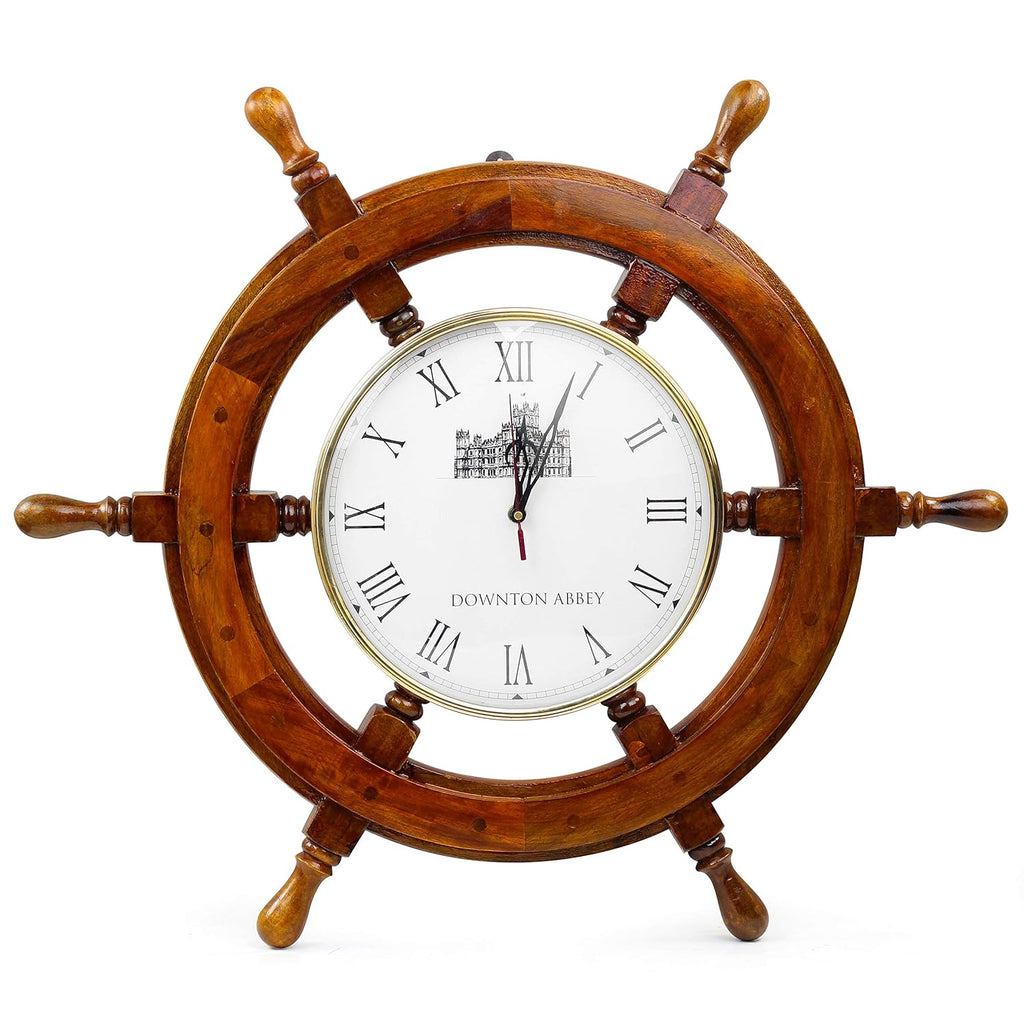 EcoNucleax Wooden Ship Wheel Wall Clock, Brass and Rosewood, 18 Inch Diameter, Roman Numerals, Nautical Decor, 6 Spokes