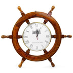 EcoNucleax Wooden Ship Wheel Wall Clock, Brass and Rosewood, 18 Inch Diameter, Roman Numerals, Nautical Decor, 6 Spokes