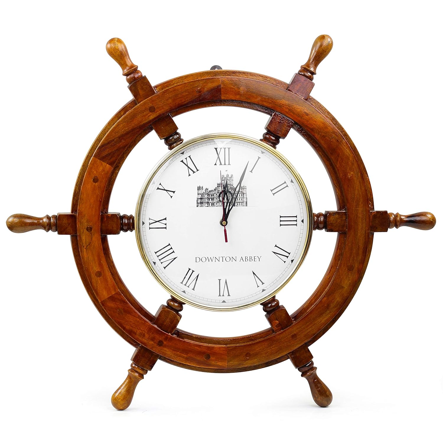 EcoNucleax Wooden Ship Wheel Wall Clock, Brass and Rosewood, 18 Inch Diameter, Roman Numerals, Nautical Decor, 6 Spokes