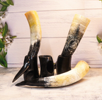 Viking Drinking Horn Set Thor Hammer Engraved Mead Cup with Stand