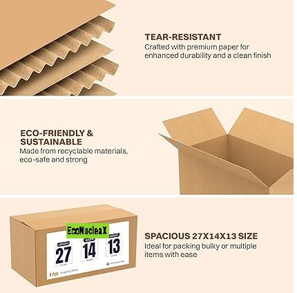EcoNucleaX 5-Ply Corrugated Cardboard Shipping Boxes, Brown, 27x14x13 Inches, Pack of 4, Recyclable