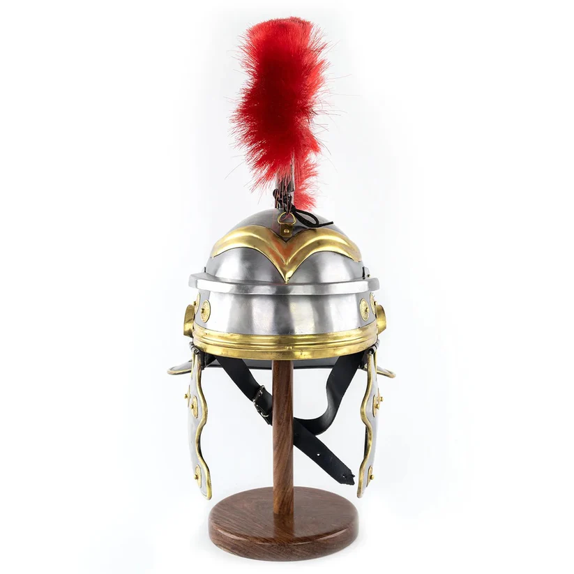 Roman Centurion Helmet Replica with Red Plume, 14 Inch Metal Showpiece, 18 Gauge Steel and Brass with Leather Interior, Wooden Display Stand