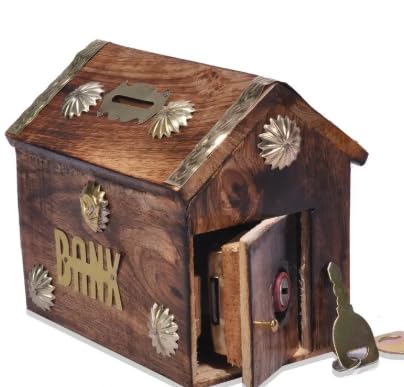 Wooden Money Box House with Lock, Handcrafted Piggy Bank, 13.5 x 12.5 x 8.5 cm, Brown