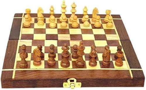 Wooden Chess Set, 20.32 cm x 20.32 cm (8 inch x 8 inch) Foldable Board, Magnetic-Free Pieces with Storage, Brown