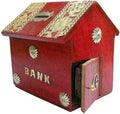 Decorative Wooden Money Bank Box, Red with Gold Floral Design, House-Shaped Coin Storage