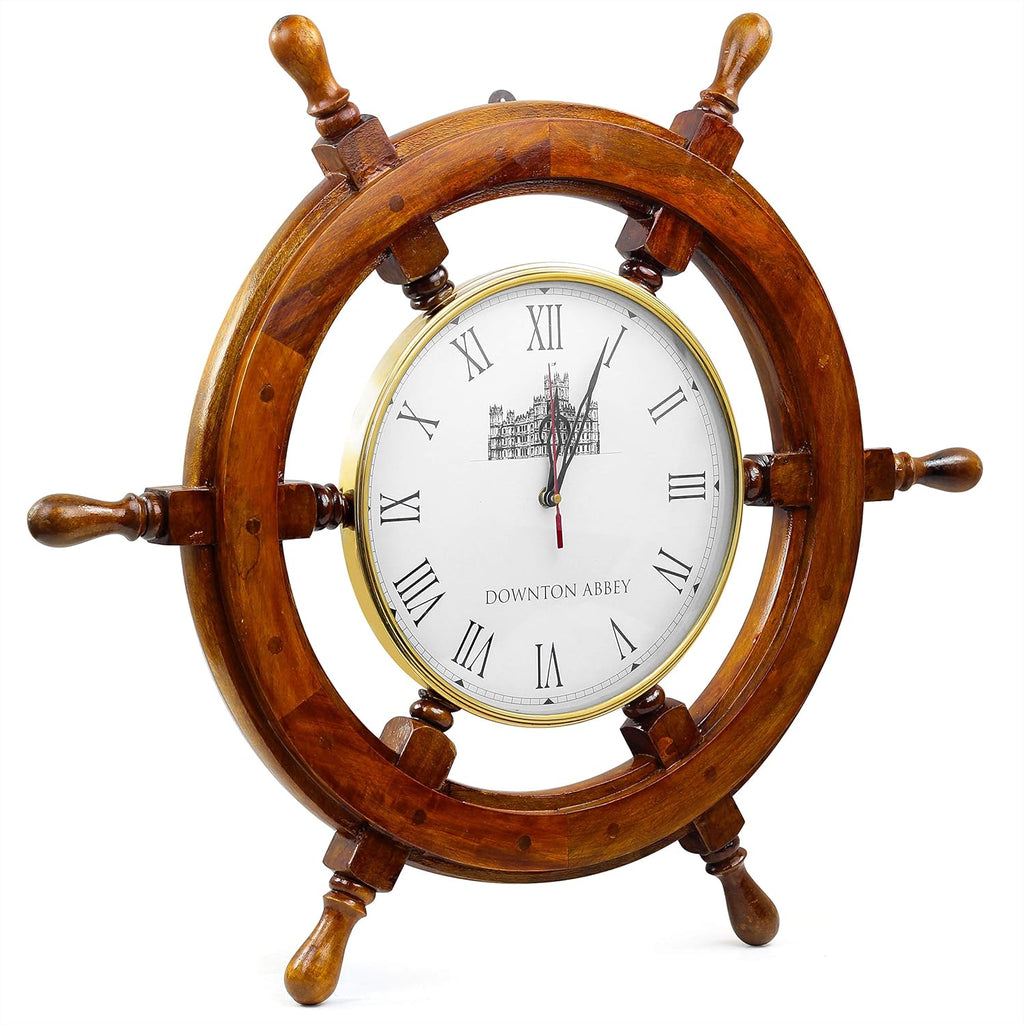 EcoNucleax Wooden Ship Wheel Wall Clock, Brass and Rosewood, 18 Inch Diameter, Roman Numerals, Nautical Decor, 6 Spokes