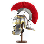 Roman Centurion Helmet Replica with Red Plume, 14 Inch Metal Showpiece, 18 Gauge Steel and Brass with Leather Interior, Wooden Display Stand