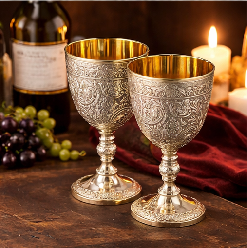 Decorative Brass Wine Glass, 16.3 x 8.1 cm, Floral Engraved Pattern, Gold