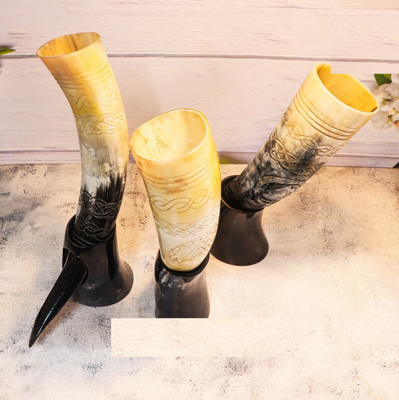 Viking Drinking Horn Set Thor Hammer Engraved Mead Cup with Stand