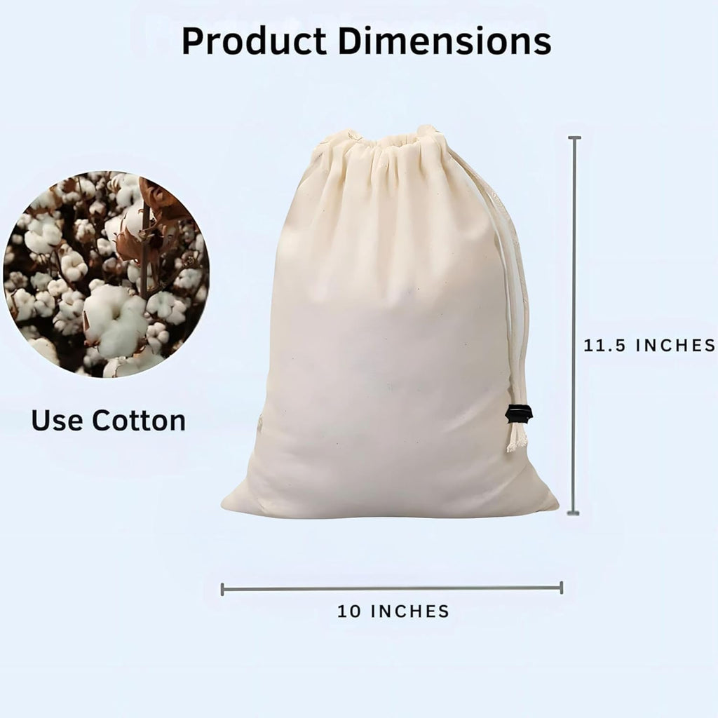 Versatile Muslin Cotton Single Drawstring Bags With Lock Button (10x11.5 in) – Reusable Storage for Nuts, Jewelry, Milk Straining, Creating Sachets & Keeping Vegetables Fresh | Pack of 4