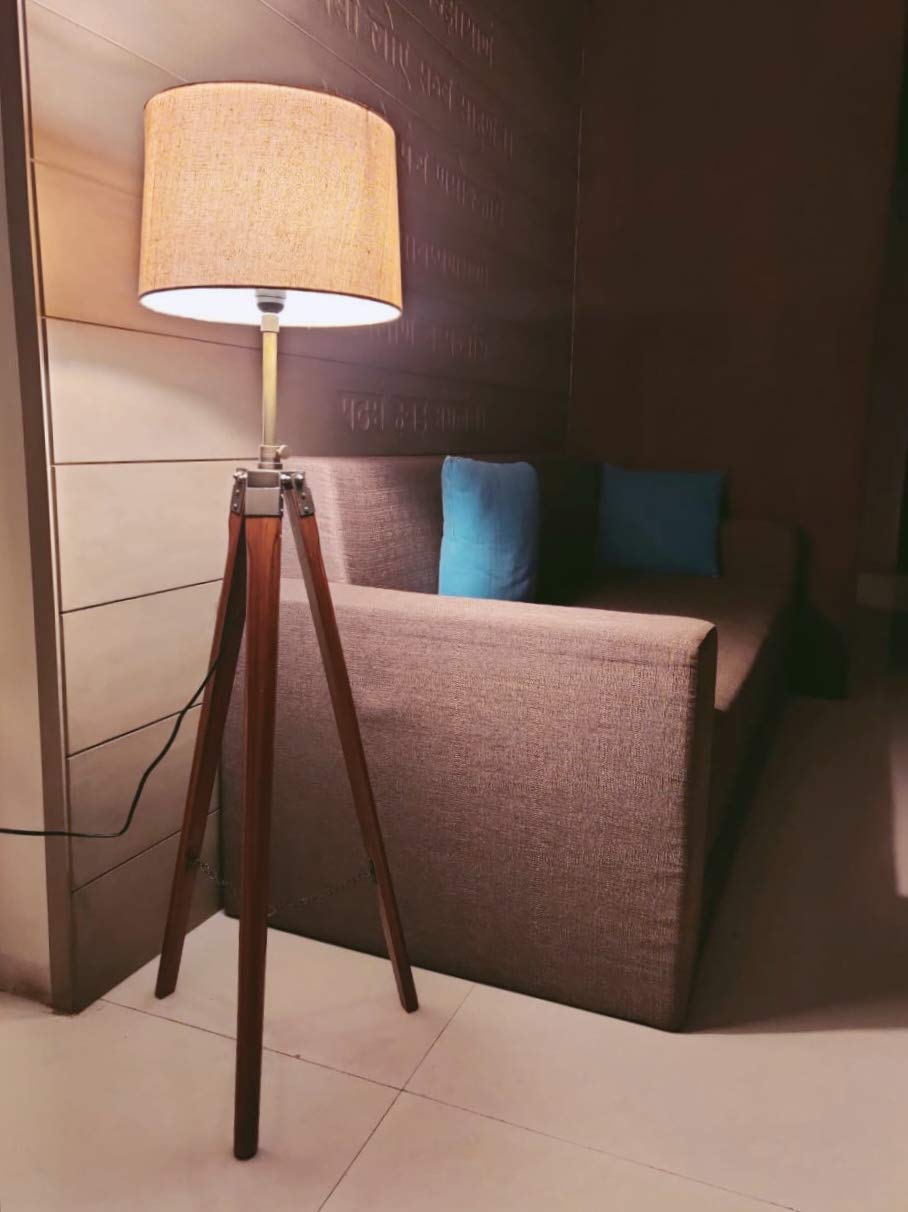 Tripod Floor Lamp with Wooden Stand, Fabric Shade, Living Room Standing Light