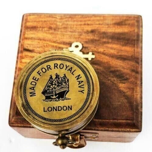 Vintage Brass Sundial Compass and Mini Telescope Set with Wooden Box