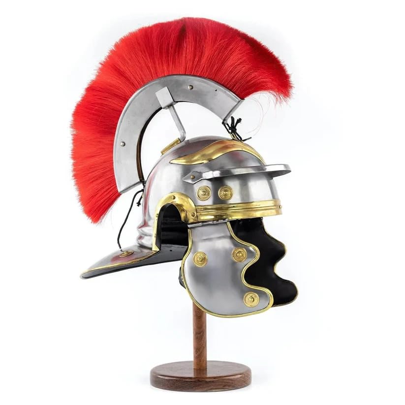 Roman Centurion Helmet Replica with Red Plume, 14 Inch Metal Showpiece, 18 Gauge Steel and Brass with Leather Interior, Wooden Display Stand