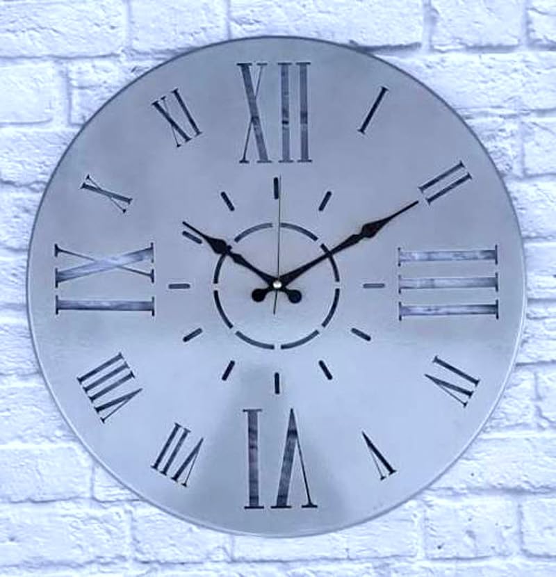 Large Round Wall Clock, 24-inch, Roman Numerals, Silver, for Home and Office