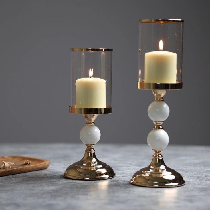 Gold and White Candle Holder Set with Glass Hurricane Shade, Decorative Pillar Candle Holders for Dining Table Centerpiece, Set of 2