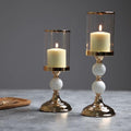 Gold and White Candle Holder Set with Glass Hurricane Shade, Decorative Pillar Candle Holders for Dining Table Centerpiece, Set of 2