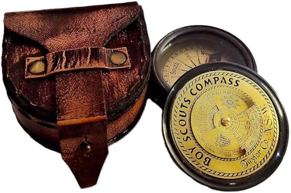 Vintage Boy Scouts Compass and Oath Set with Synthetic Leather Cover, 5.08 cm, Brass and Glass, Antique Navigation Tool