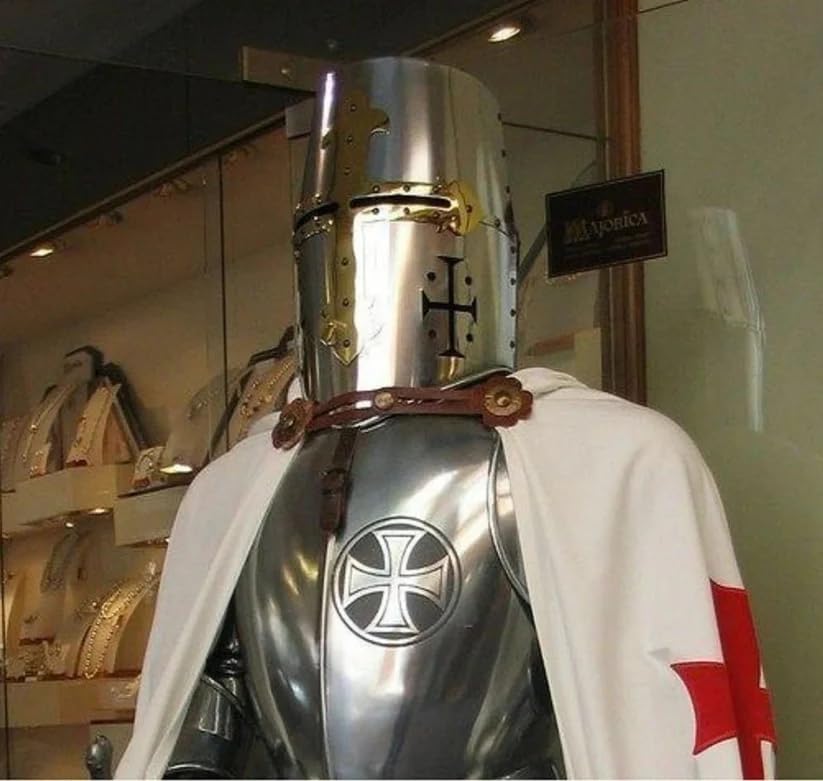Medieval Templar Knight Armor Display, Full Size Steel Suit with Crusader Cross Shield, White Tunic, Museum Quality Historical Replica