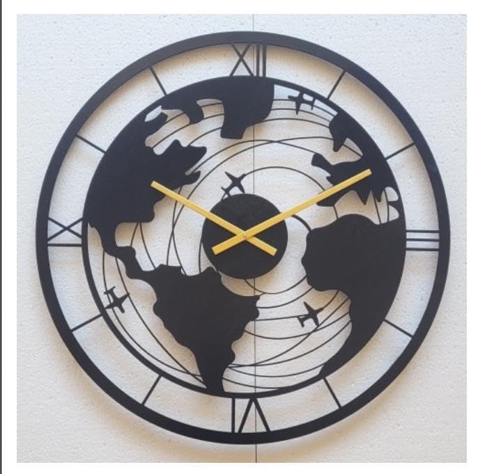 Modern World Map Wall Clock, 24 inch, Black and Gold, Roman Numerals