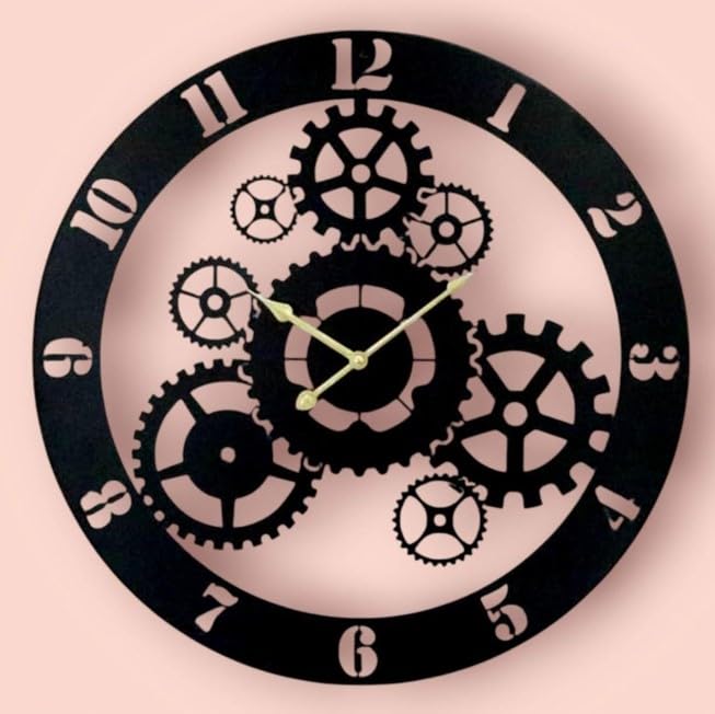 Modern Mechanical Gear Cyborg Style Metal Analog Wall Clock, 24 inch, Black Elegant and Suited for Home, Study, Office and Hotel Lobby