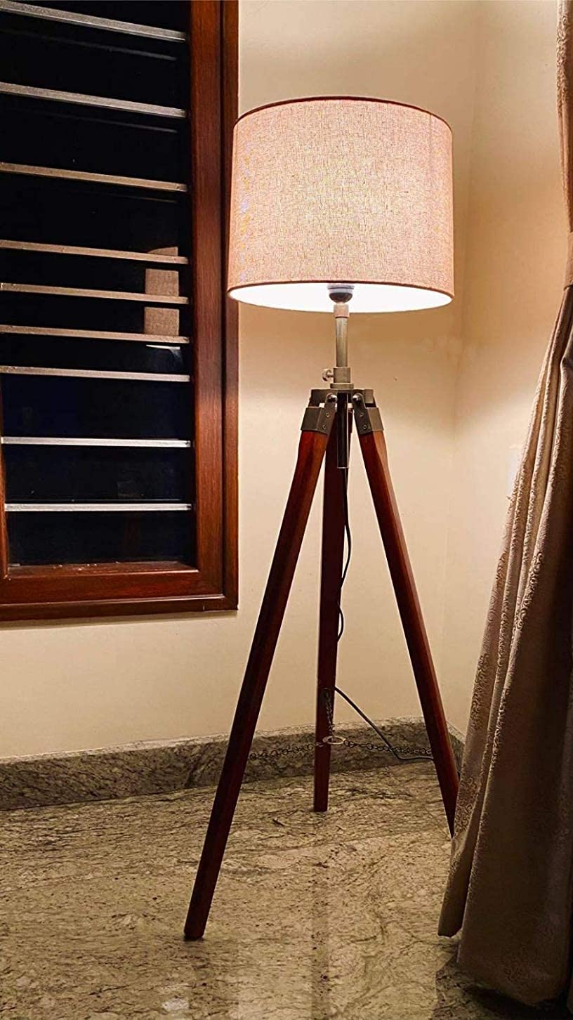 Tripod Floor Lamp with Wooden Stand, Fabric Shade, Living Room Standing Light