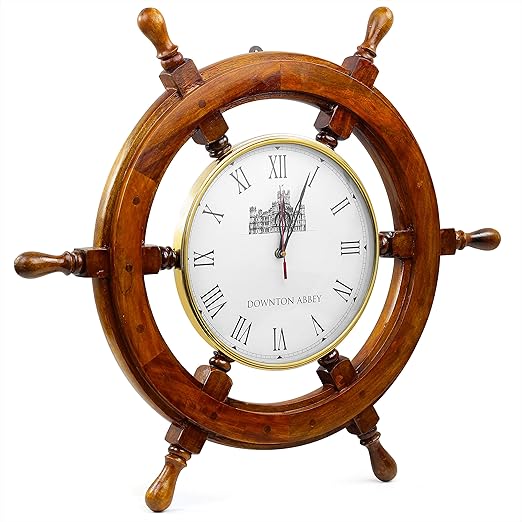 EcoNucleax Wooden Ship Wheel Wall Clock, Brass and Rosewood, 18 Inch Diameter, Roman Numerals, Nautical Decor, 6 Spokes