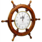 EcoNucleax Wooden Ship Wheel Wall Clock, Brass and Rosewood, 18 Inch Diameter, Roman Numerals, Nautical Decor, 6 Spokes