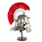 Roman Centurion Helmet Replica with Red Plume, 14 Inch Metal Showpiece, 18 Gauge Steel and Brass with Leather Interior, Wooden Display Stand