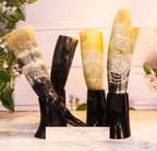 Viking Drinking Horn Set Thor Hammer Engraved Mead Cup with Stand
