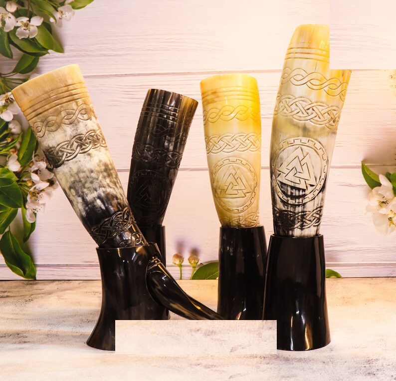 Viking Drinking Horn Set Thor Hammer Engraved Mead Cup with Stand