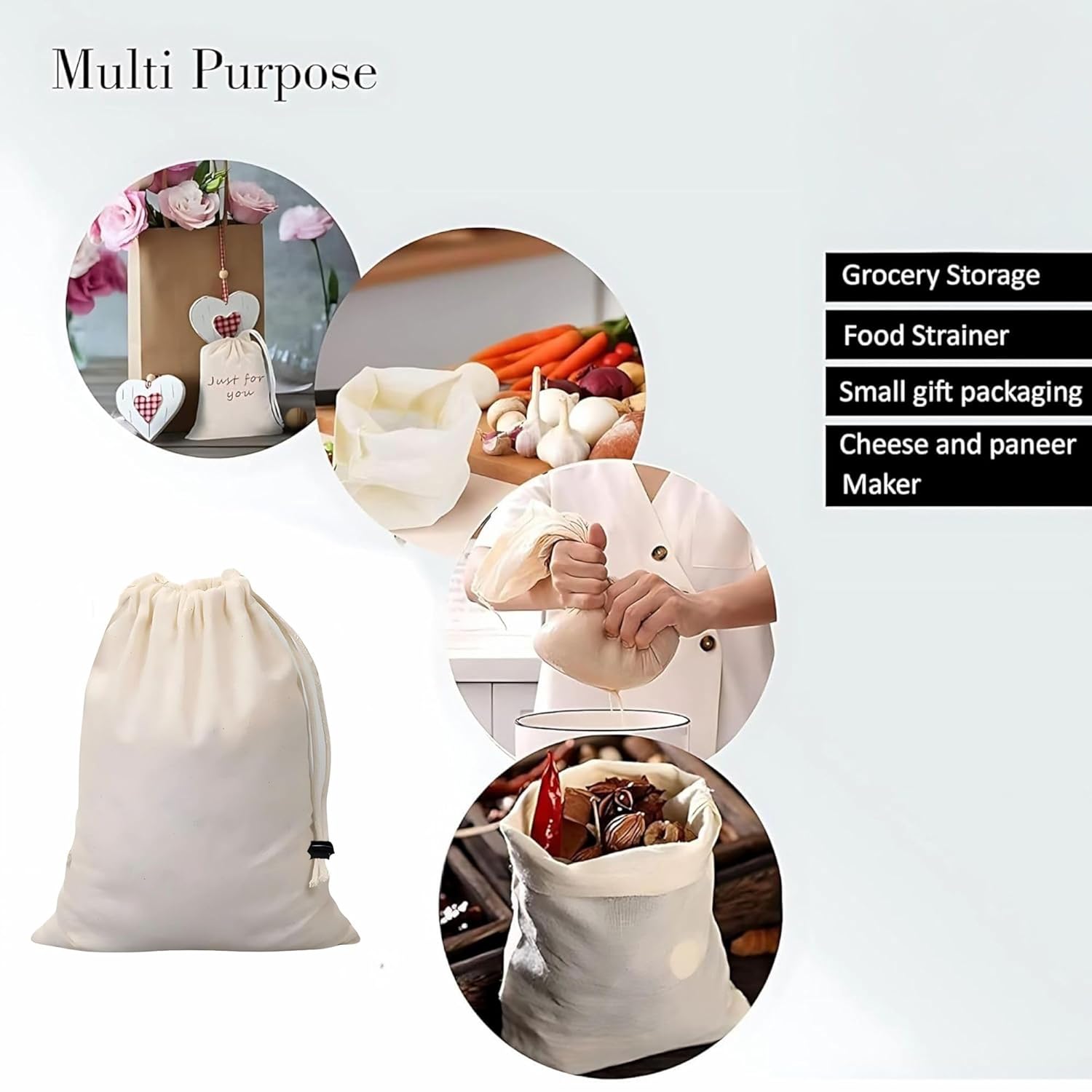 Versatile Muslin Cotton Single Drawstring Bags With Lock Button (10x11.5 in) – Reusable Storage for Nuts, Jewelry, Milk Straining, Creating Sachets & Keeping Vegetables Fresh | Pack of 5