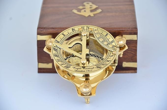 Vintage Brass Sundial Compass with Wooden Storage Box