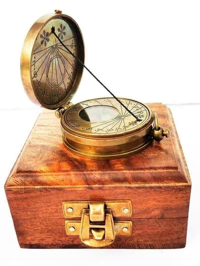 Vintage Brass Sundial Compass and Mini Telescope Set with Wooden Box