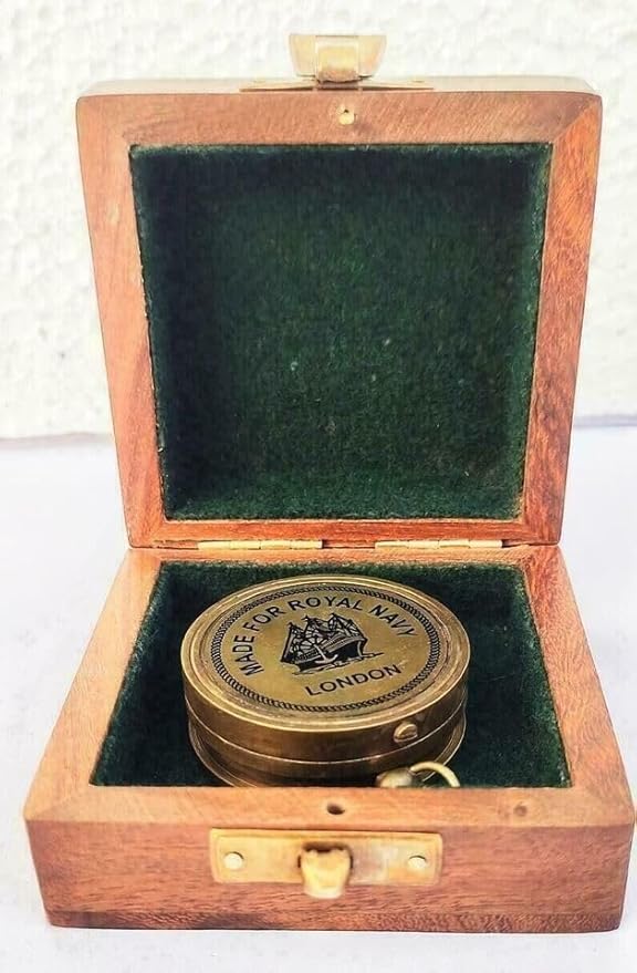 Vintage Brass Sundial Compass and Mini Telescope Set with Wooden Box